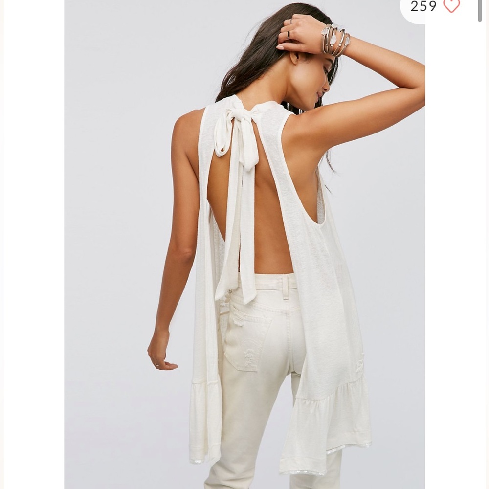 Like New Free People Backless Embroidered Flowy Tunic Top w Sequin Cream White
